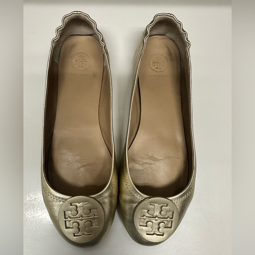 Tory Burch Light Gold Minnie Travel Ballet with Logo Size 9